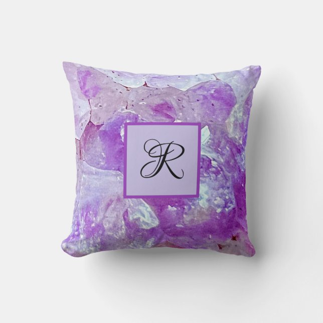 Amethyst Sparkles Purple Quartz Gemstone Monogram Throw Pillow (Front)