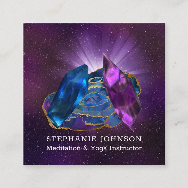 Amethyst, Tanzanite, and Gilded Agate Square Business Card (Front)