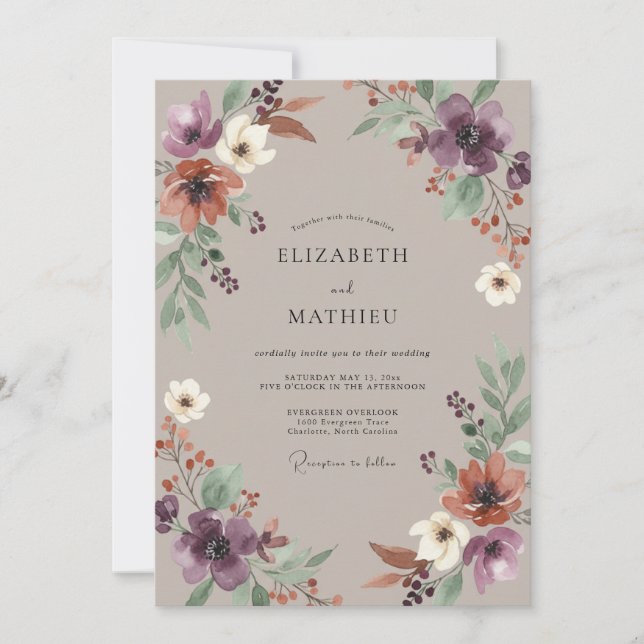 Amethyst Taupe Wildflower Wedding Invitation (Front)