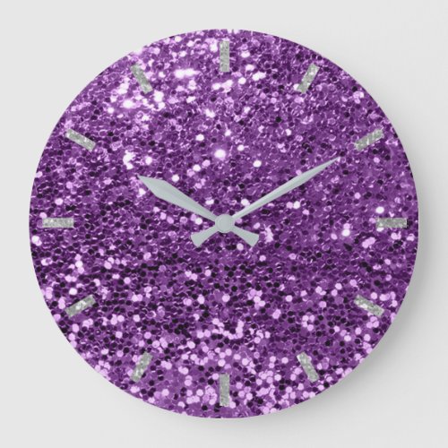 Amethyst Violet Purple Sparkly Faux Glitter Gray Large Clock