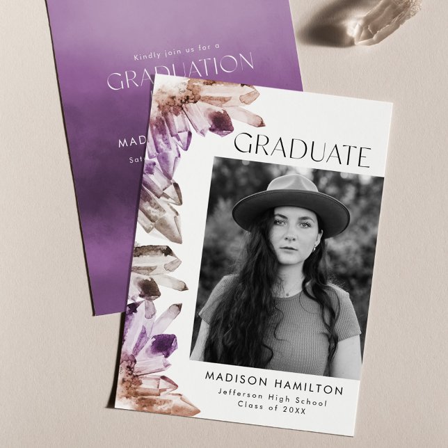 Amethyst Watercolor Crystal Photo Graduation Party Invitation (Creator Uploaded)