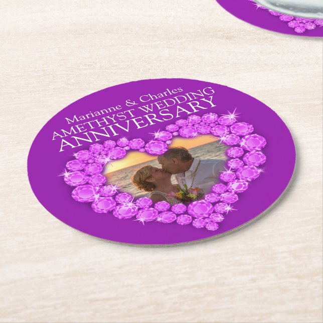 Amethyst wedding anniversary heart photo coasters (Angled)