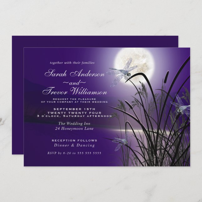 Amethyst Wedding Full Moon Dragonfly Pond Invitation (Front/Back)