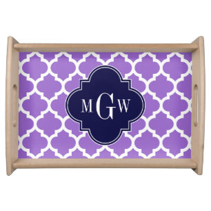 Amethyst White Moroccan #5 Navy 3 Initial Monogram Serving Tray