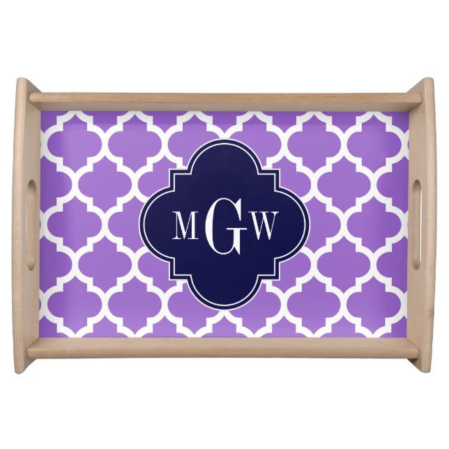Amethyst White Moroccan #5 Navy 3 Initial Monogram Serving Tray (Front)
