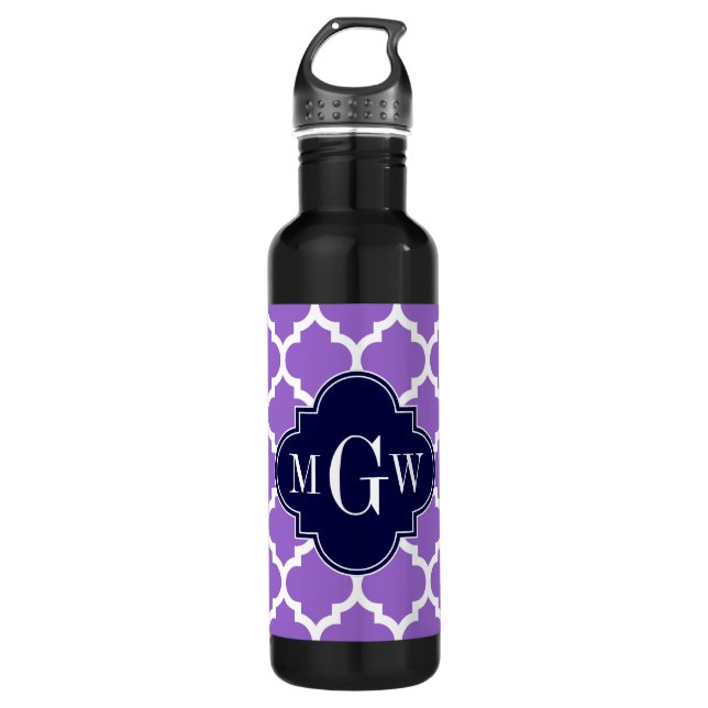 Amethyst White Moroccan #5 Navy 3 Initial Monogram Water Bottle (Front)