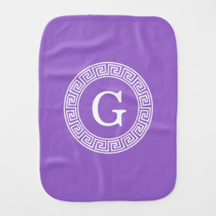 Amethyst Wht Greek Key Rnd Frame Initial Monogram Baby Burp Cloth