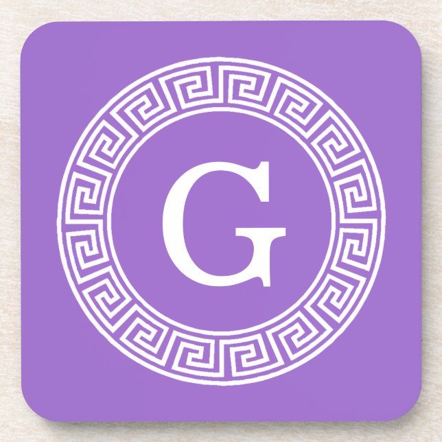 Amethyst Wht Greek Key Rnd Frame Initial Monogram Beverage Coaster (Front)