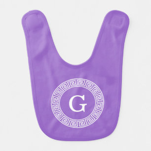 Amethyst Wht Greek Key Rnd Frame Initial Monogram Bib