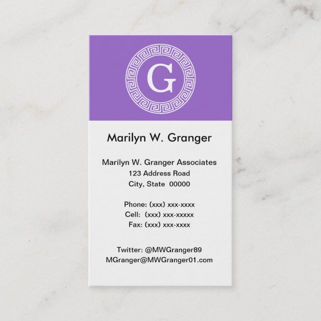 Amethyst Wht Greek Key Rnd Frame Initial Monogram Business Card (Front)