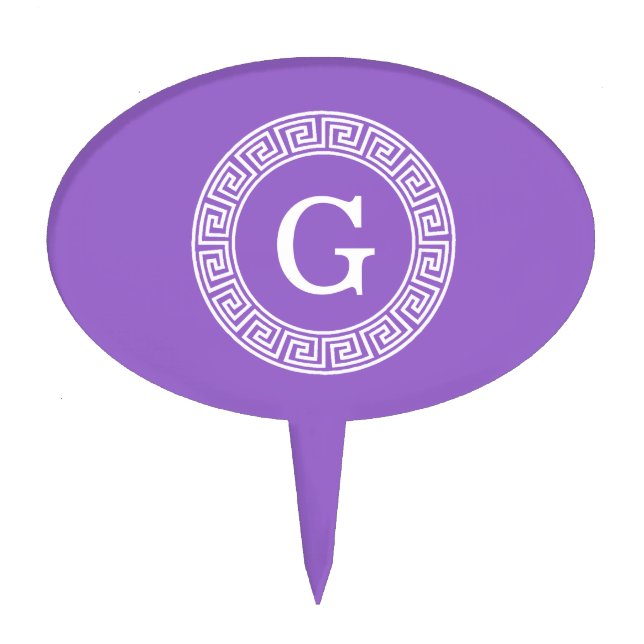 Amethyst Wht Greek Key Rnd Frame Initial Monogram Cake Topper (Front)
