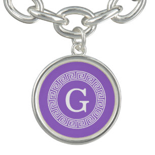 Amethyst Wht Greek Key Rnd Frame Initial Monogram Charm Bracelet
