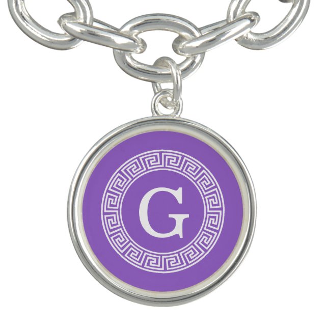 Amethyst Wht Greek Key Rnd Frame Initial Monogram Charm Bracelet (Design)