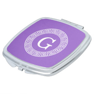Amethyst Wht Greek Key Rnd Frame Initial Monogram Compact Mirror