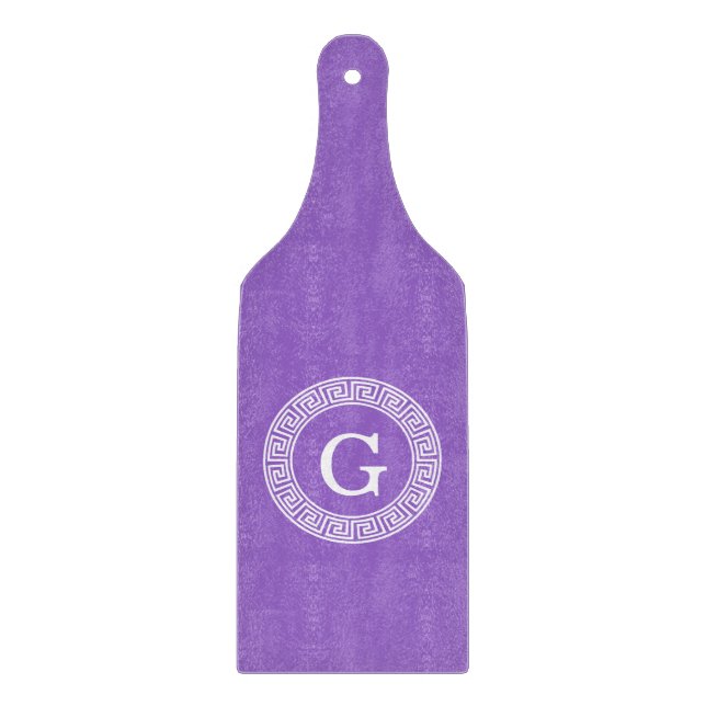 Amethyst Wht Greek Key Rnd Frame Initial Monogram Cutting Board (Front)