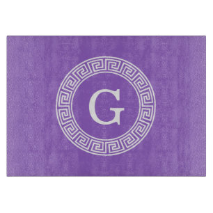 Amethyst Wht Greek Key Rnd Frame Initial Monogram Cutting Board