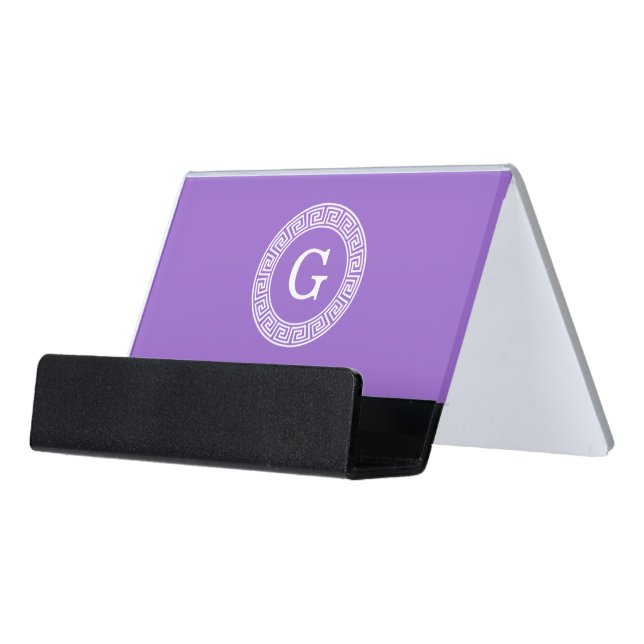 Amethyst Wht Greek Key Rnd Frame Initial Monogram Desk Business Card Holder (Angled Front)