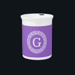 Amethyst Wht Greek Key Rnd Frame Initial Monogram Drink Pitcher<br><div class="desc">Amethyst Purple and White Greek Key Round Framed Initial Monogram A stylish solid background with a white Greek Key frame area for your monogram, name or other text. You can also change the text font, change the font size and color, move the text, adjust the size of the frame, etc....</div>