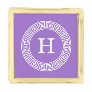 Amethyst Wht Greek Key Rnd Frame Initial Monogram Gold Finish Lapel Pin
