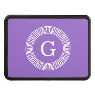 Amethyst Wht Greek Key Rnd Frame Initial Monogram Hitch Cover