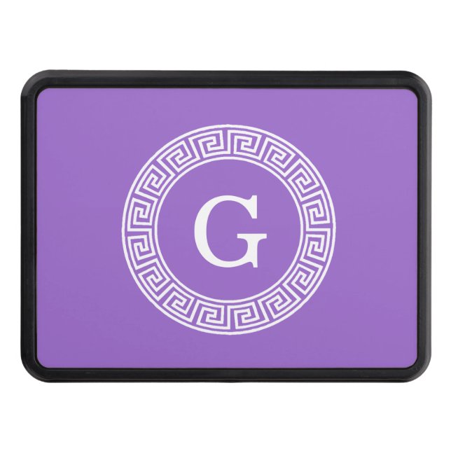 Amethyst Wht Greek Key Rnd Frame Initial Monogram Hitch Cover (Front)
