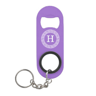 Amethyst Wht Greek Key Rnd Frame Initial Monogram Keychain Bottle Opener