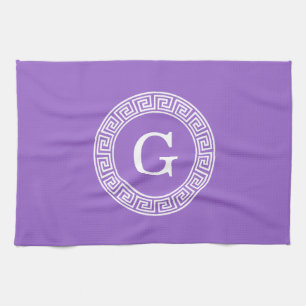 Amethyst Wht Greek Key Rnd Frame Initial Monogram Kitchen Towel