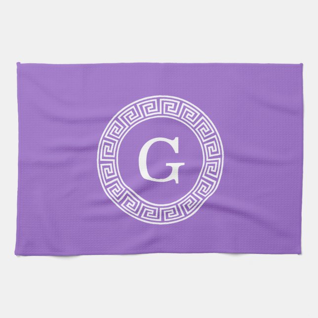 Amethyst Wht Greek Key Rnd Frame Initial Monogram Kitchen Towel (Horizontal)