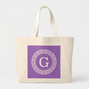 Amethyst Wht Greek Key Rnd Frame Initial Monogram Large Tote Bag