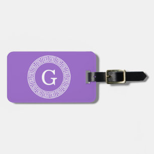 Amethyst Wht Greek Key Rnd Frame Initial Monogram Luggage Tag
