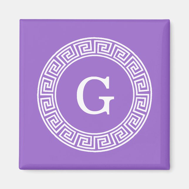 Amethyst Wht Greek Key Rnd Frame Initial Monogram Magnet (Front)