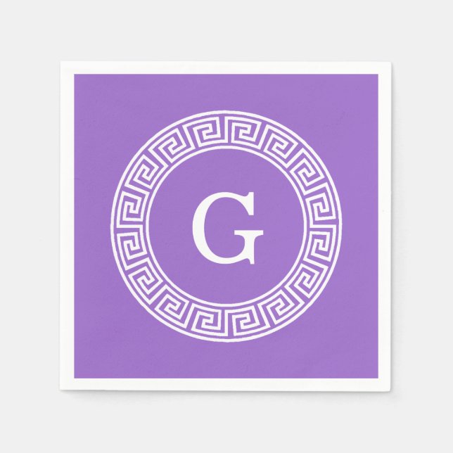 Amethyst Wht Greek Key Rnd Frame Initial Monogram Napkins (Front)