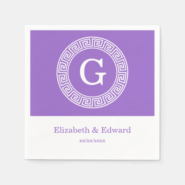 Amethyst Wht Greek Key Rnd Frame Initial Monogram Paper Napkins (Front)