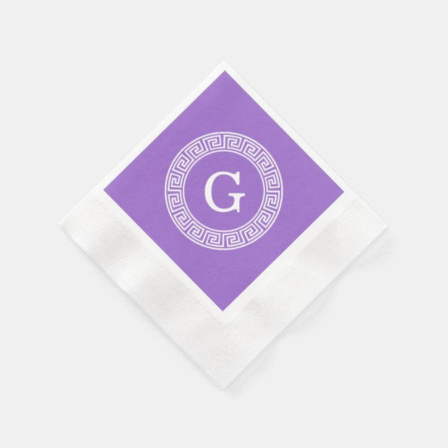 Amethyst Wht Greek Key Rnd Frame Initial Monogram Paper Napkins (Corner)