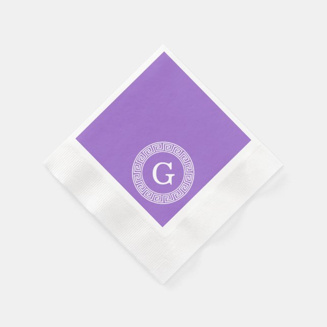 Amethyst Wht Greek Key Rnd Frame Initial Monogram Paper Napkins (Corner)