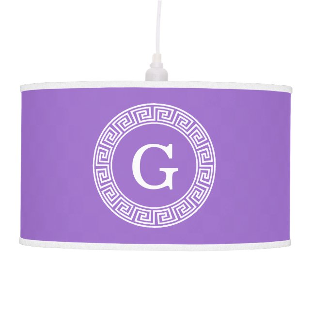 Amethyst Wht Greek Key Rnd Frame Initial Monogram Pendant Lamp (Front)