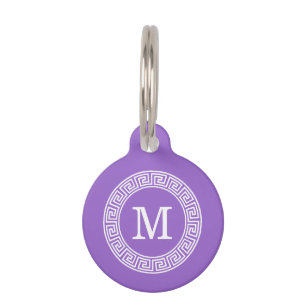 Amethyst Wht Greek Key Rnd Frame Initial Monogram Pet ID Tag