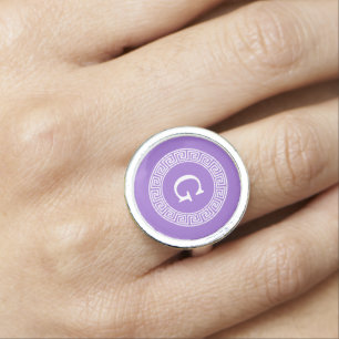 Amethyst Wht Greek Key Rnd Frame Initial Monogram Ring