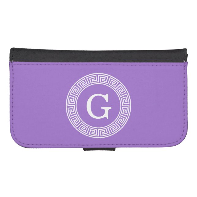Amethyst Wht Greek Key Rnd Frame Initial Monogram Samsung Galaxy Wallet Case (Front (Horizontal))
