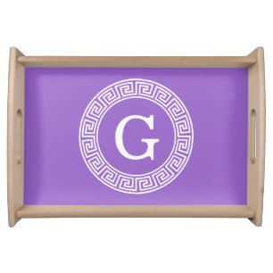 Amethyst Wht Greek Key Rnd Frame Initial Monogram Serving Tray