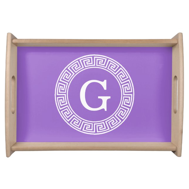 Amethyst Wht Greek Key Rnd Frame Initial Monogram Serving Tray (Front)