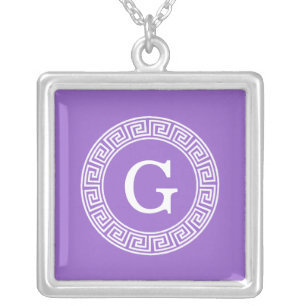 Amethyst Wht Greek Key Rnd Frame Initial Monogram Silver Plated Necklace