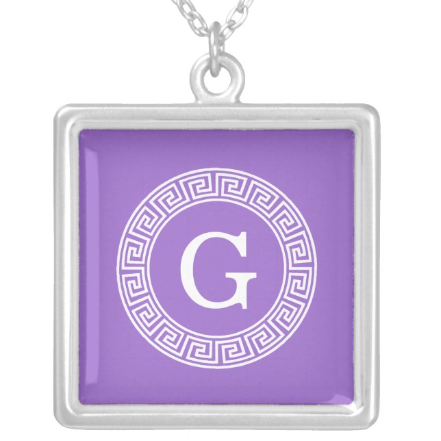 Amethyst Wht Greek Key Rnd Frame Initial Monogram Silver Plated Necklace (Front)