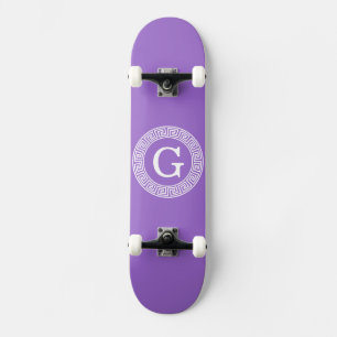 Amethyst Wht Greek Key Rnd Frame Initial Monogram Skateboard Deck