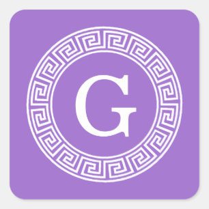 Amethyst Wht Greek Key Rnd Frame Initial Monogram Square Sticker