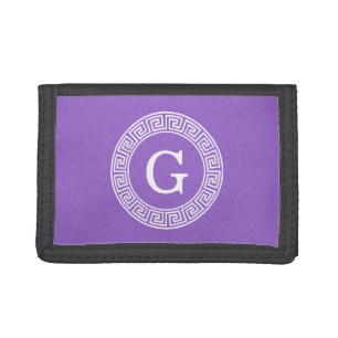 Amethyst Wht Greek Key Rnd Frame Initial Monogram Tri-fold Wallet