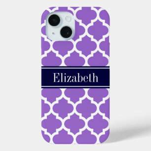 Amethyst Wht Moroccan #5 Navy Blue Name Monogram iPhone 15 Case