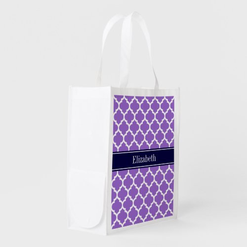 Amethyst Wht Moroccan 5 Navy Blue Name Monogram Grocery Bag