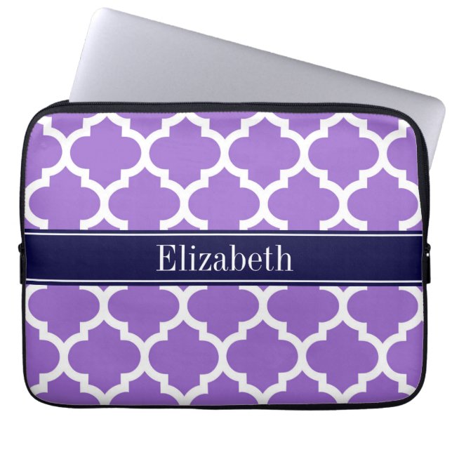 Amethyst Wht Moroccan #5 Navy Blue Name Monogram Laptop Sleeve (Front)