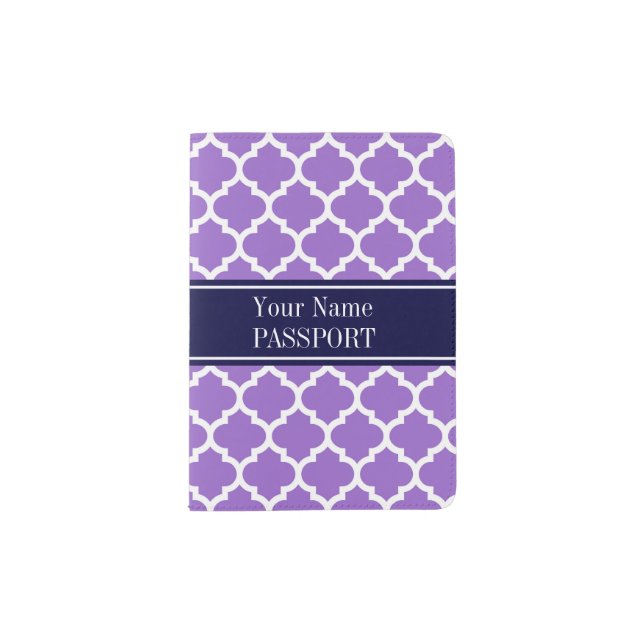 Amethyst Wht Moroccan #5 Navy Blue Name Monogram Passport Holder (Front)
